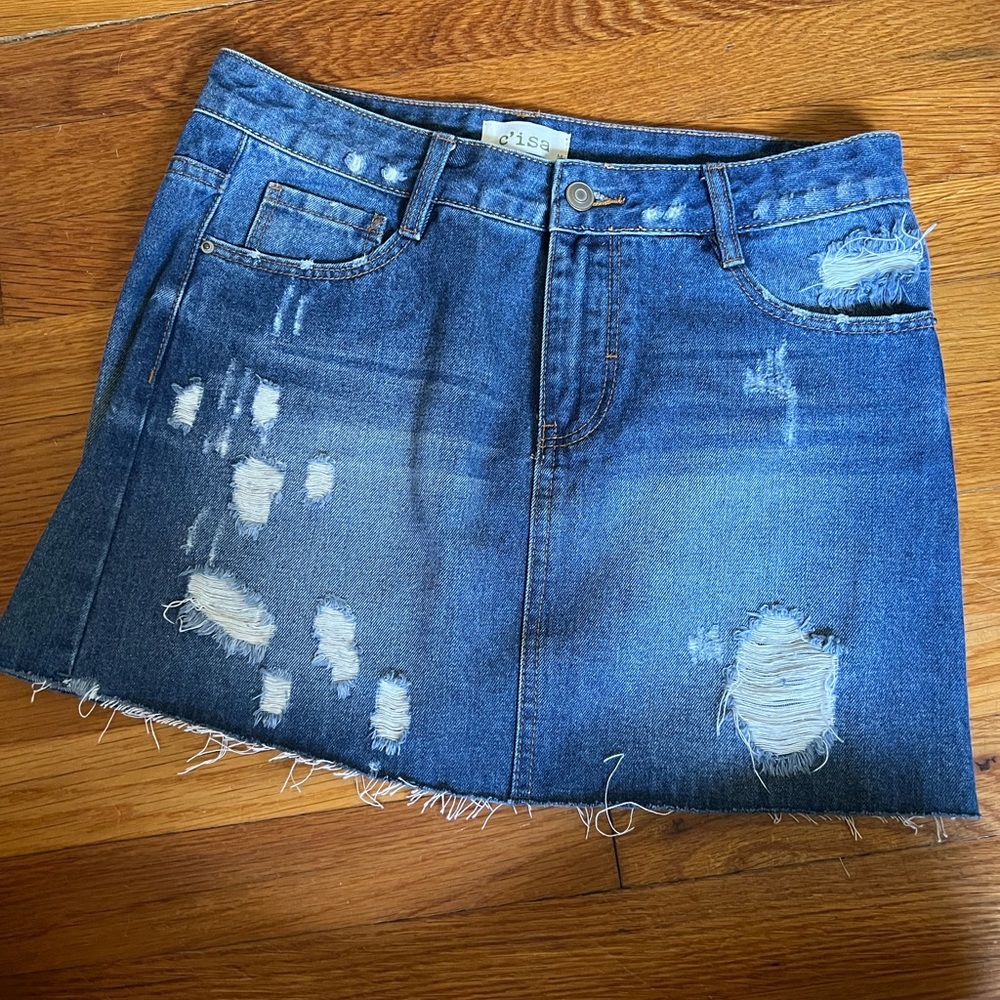 C’isa Distressed Jean Mini Skirt, Medium